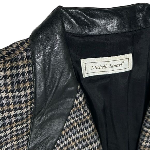 Vintage Wool Silk Blend Blazer Brown Houndstooth Patterned Michelle Stuart Suit - Picture 2 of 7